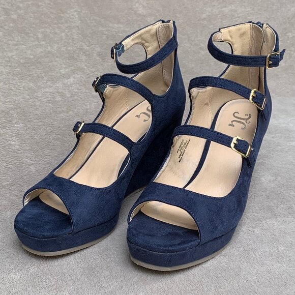 Journee Collection Navy Blue Microsuede Strappy Demi Wedges - Picture 3 of 16